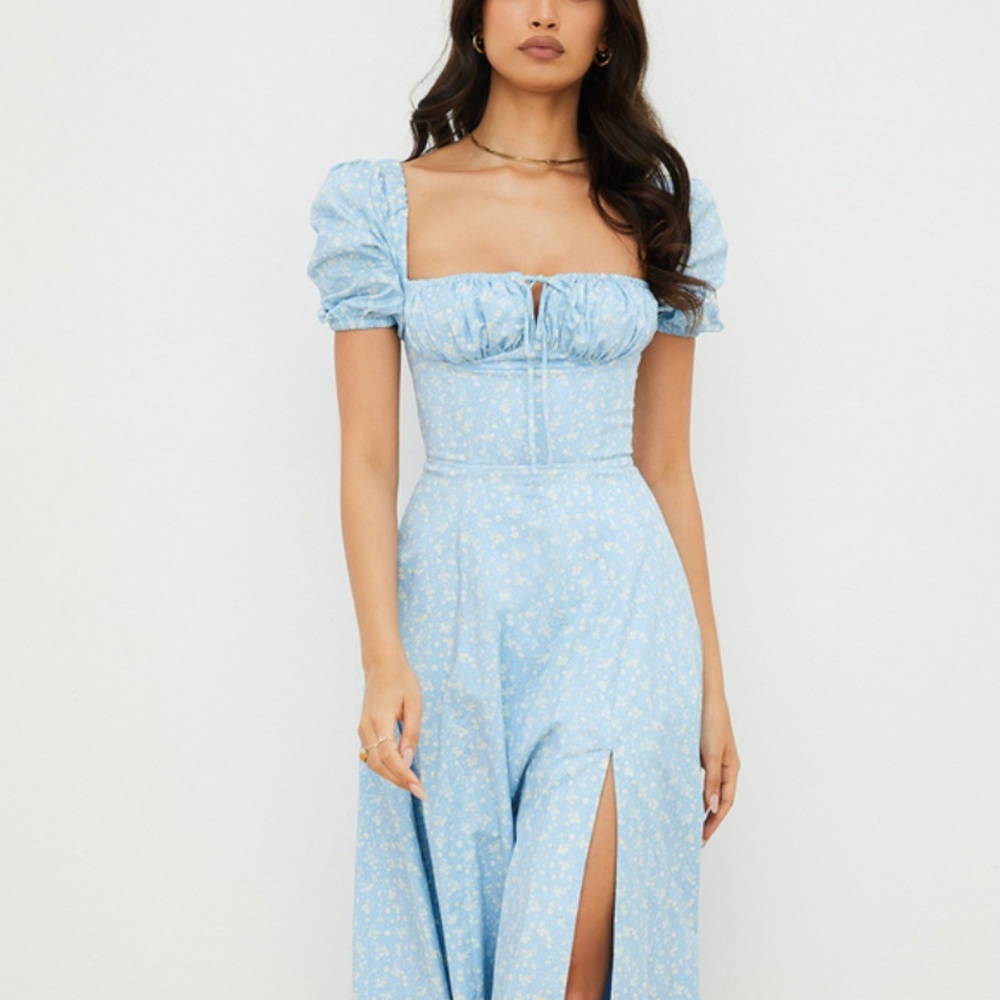 TALLULAH BLUE IVORY FLORAL PUFF SLEEVE MIDI DRESS Size L+